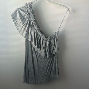 Rebecca Taylor One Shoulder Ruffle Heather Gray Flax Top Women's Size Medium